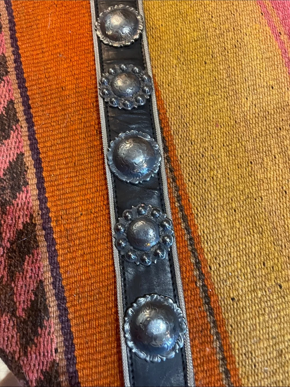 Another Line Black Western Faux Leather Belt with Engraved Pewter Conchos